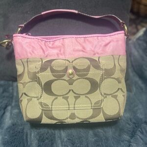 Y2K Pink Vintage Coach W Brown Signature Monogram Canvas W Zipper & Pockets Bag